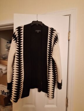 Sanctuary Black and Cream Geometric Open-Front Women's Sweater Cardigan